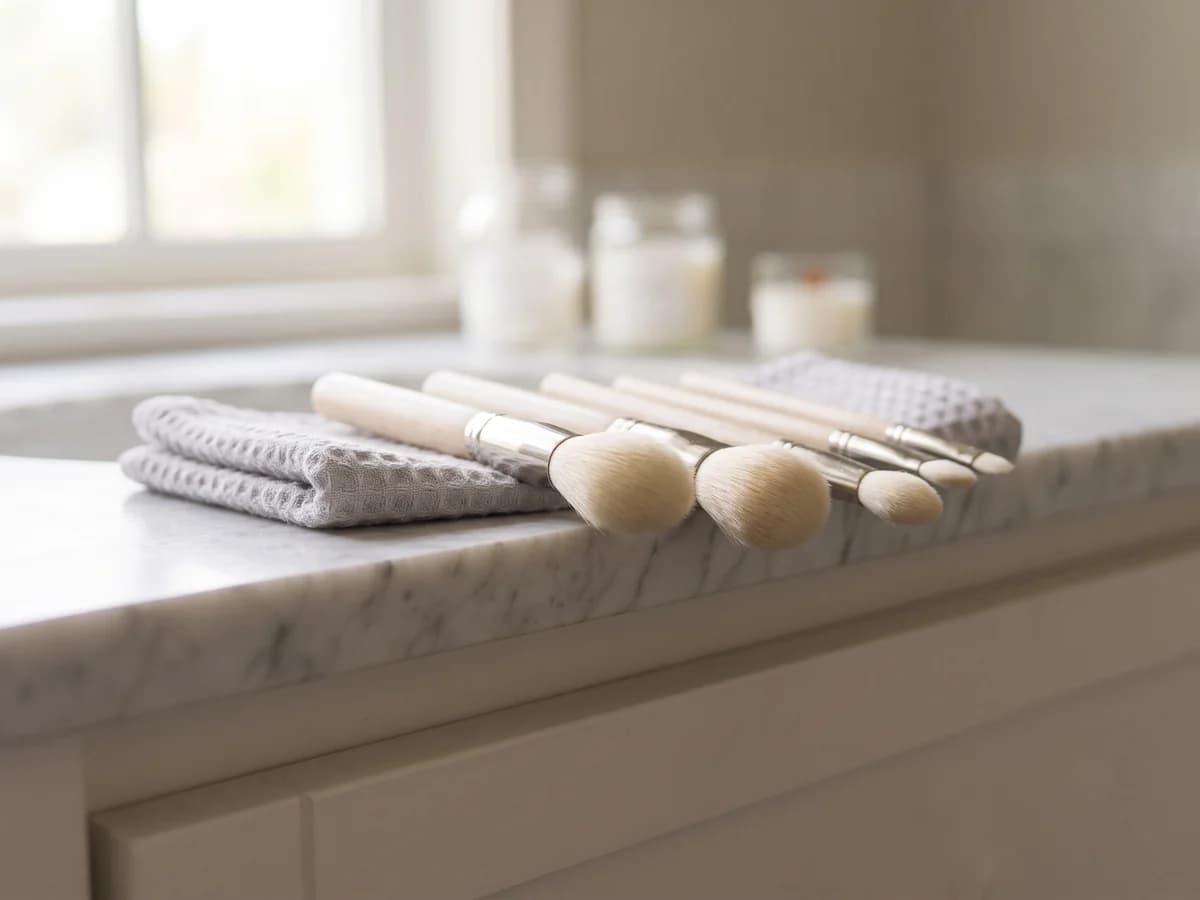 Freshly washed makeup brushes drying flat on a folded towel with the bristles overhanging the counter edge so air reaches them from underneath