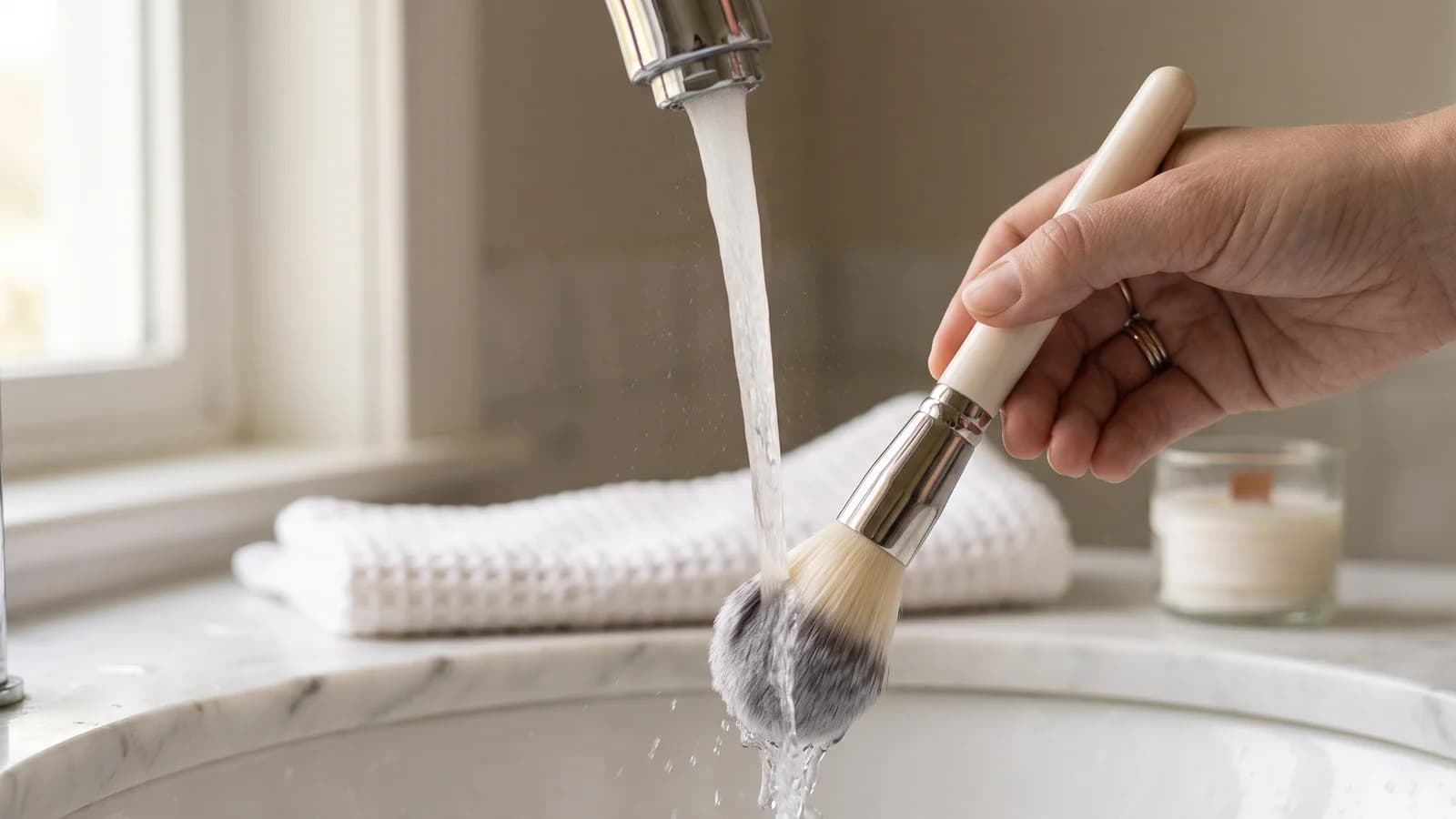 How to clean makeup brushes: a foundation brush held bristles-down under lukewarm running water, ferrule kept clear of the stream