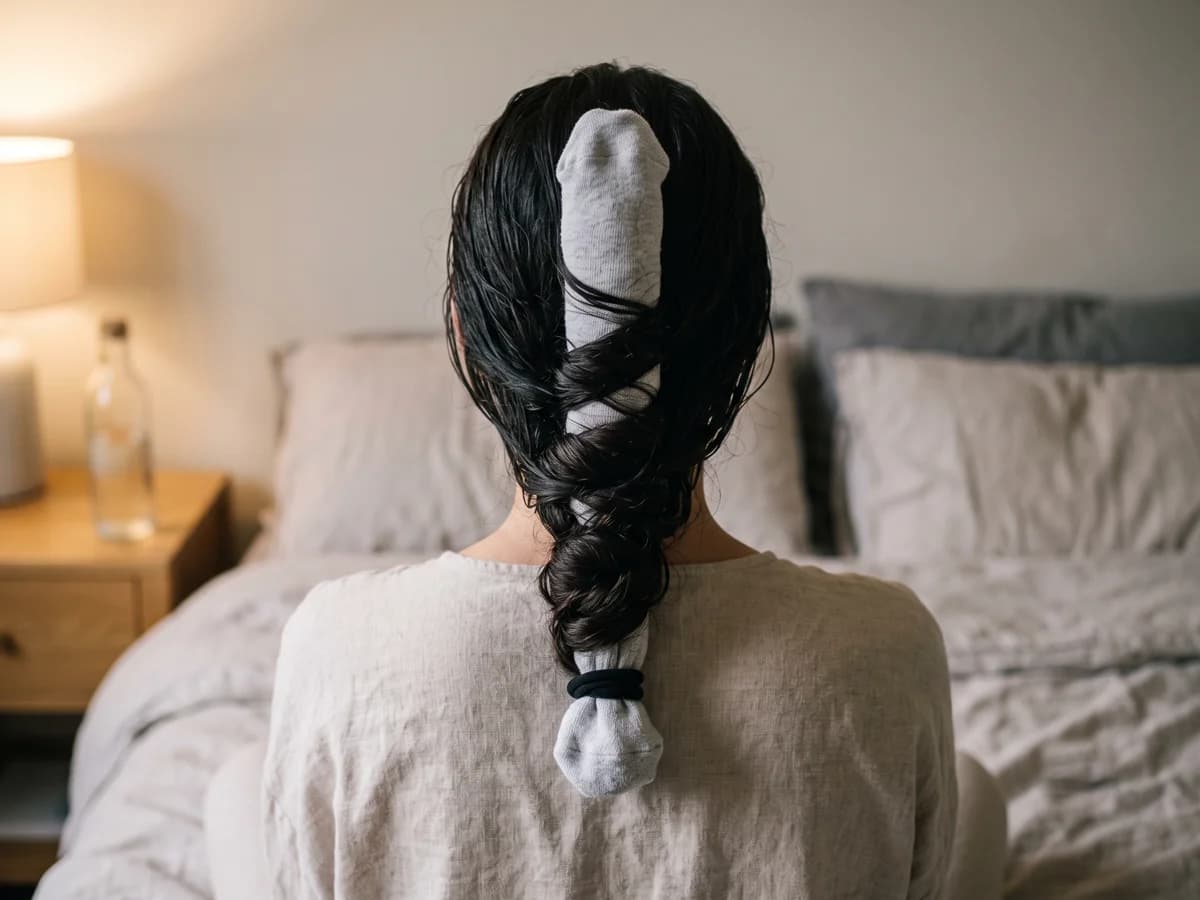 The sock method: damp hair wound around a rolled cotton sock, the free version of a heatless curler