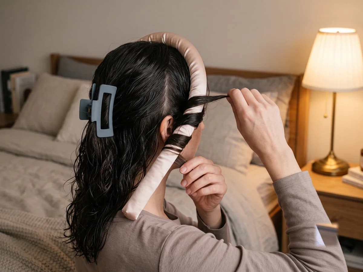 Winding a small section of damp hair around a satin heatless curling rod, working back from the face